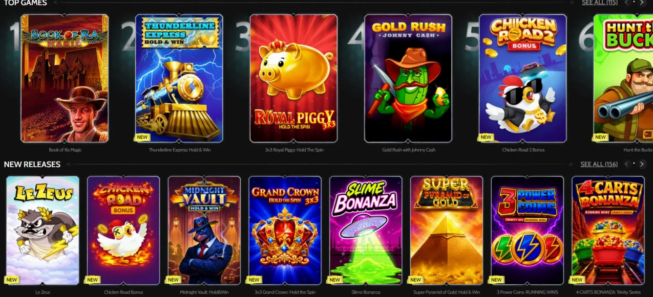 Griglia slot machine con badge Hot e Top