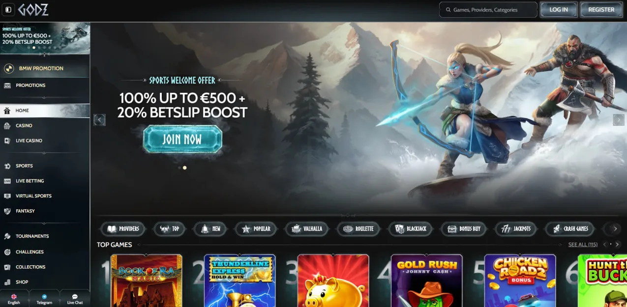 Schermata piattaforma Godz Casino, lobby giochi